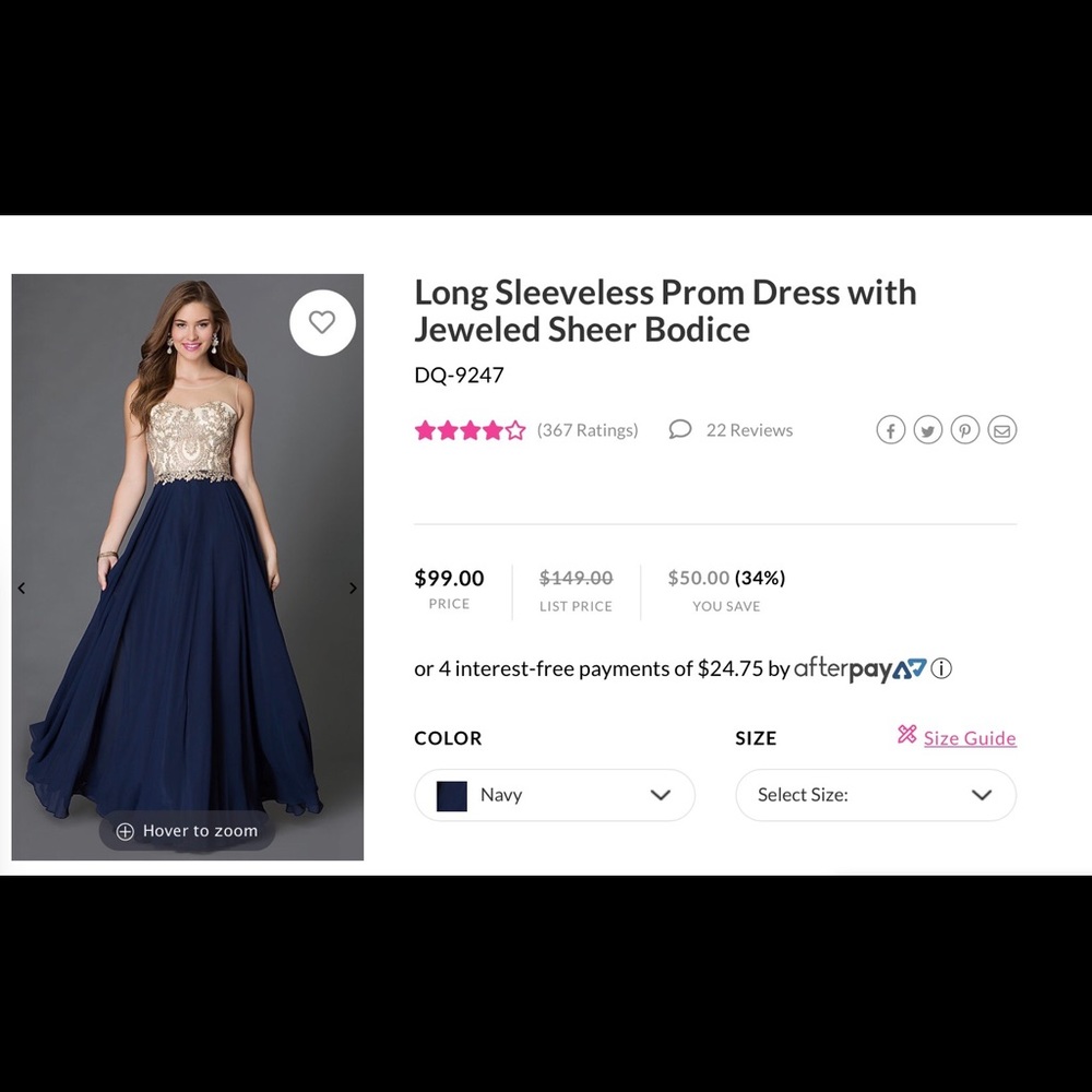Navy and gold floor length prom dress